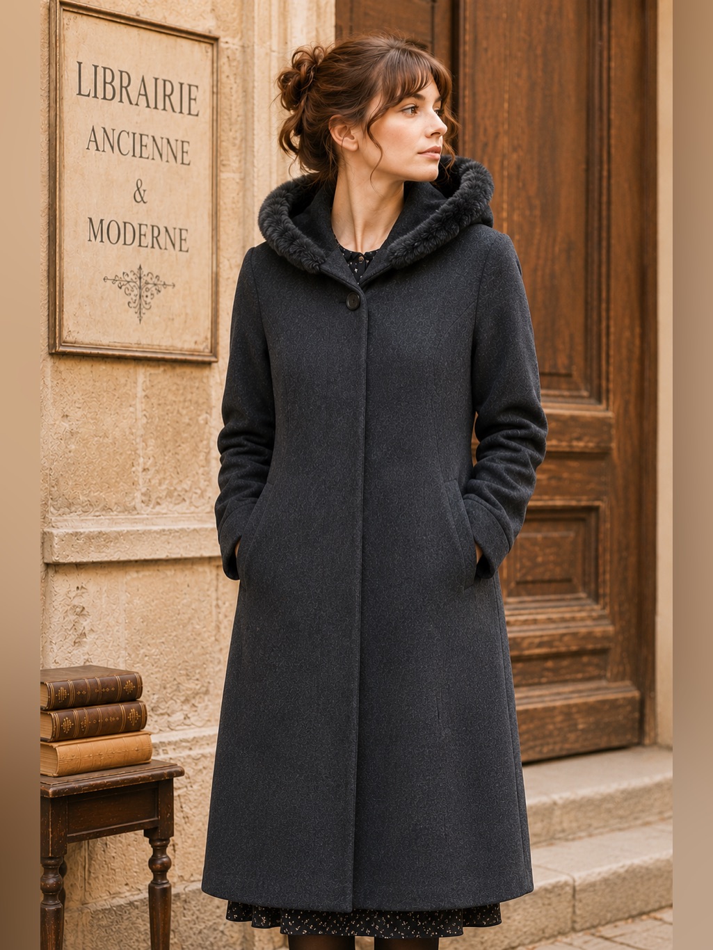 Hp Donnybrook Vintage Style Faux Fur Trimmed Hooded Wool Blend Long Coat
